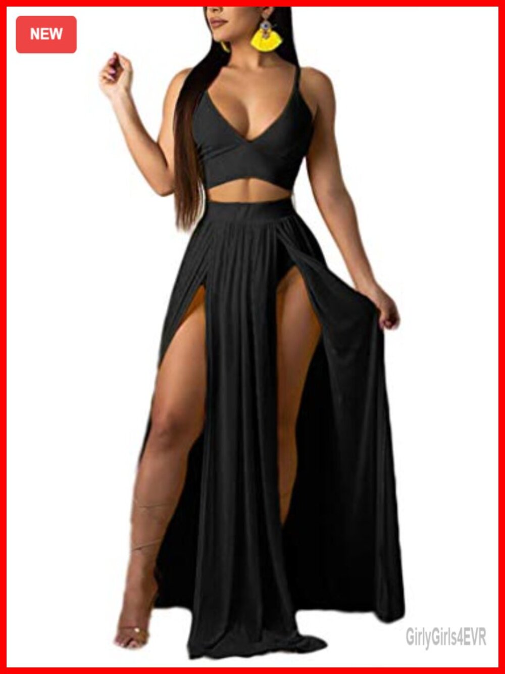 Women Chiffon 2 Piece Skirt Set Deep V Neck Crop Top High Split Maxi Dress